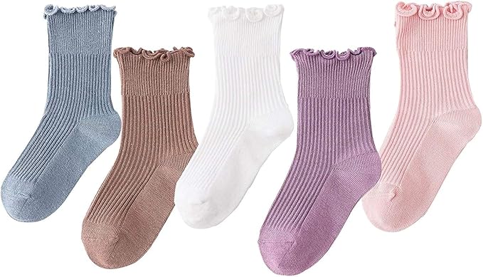 Amazon Ayfoone メロウリブ靴下 女の子 5色セット 足口ゆったり キッズ クルー丈 メロー フリル 子供 靴下 無地 靴下 通販