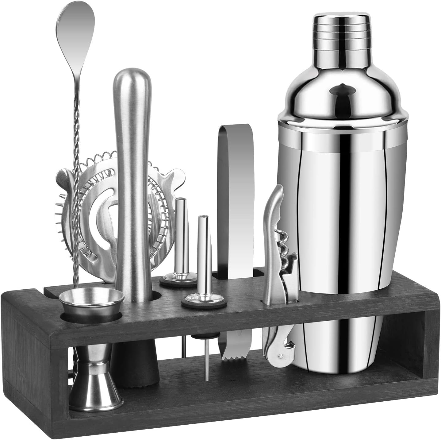 10 Pcs Bar Set Cocktail Shaker Set, STRAWBLEAG Stainless Steel Bartender Kit Bar Tools with Bamboo Stand, All Essential Bar Drink Mixing Tools for Home Bars, Parties and Drink Making