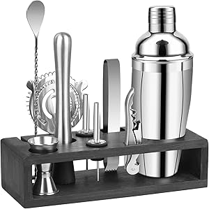 10 Pcs Bar Set Cocktail Shaker Set, STRAWBLEAG Stainless Steel Bartender Kit Bar Tools with Bamboo Stand, All Essential Bar Drink Mixing Tools for Home Bars, Parties and Drink Making