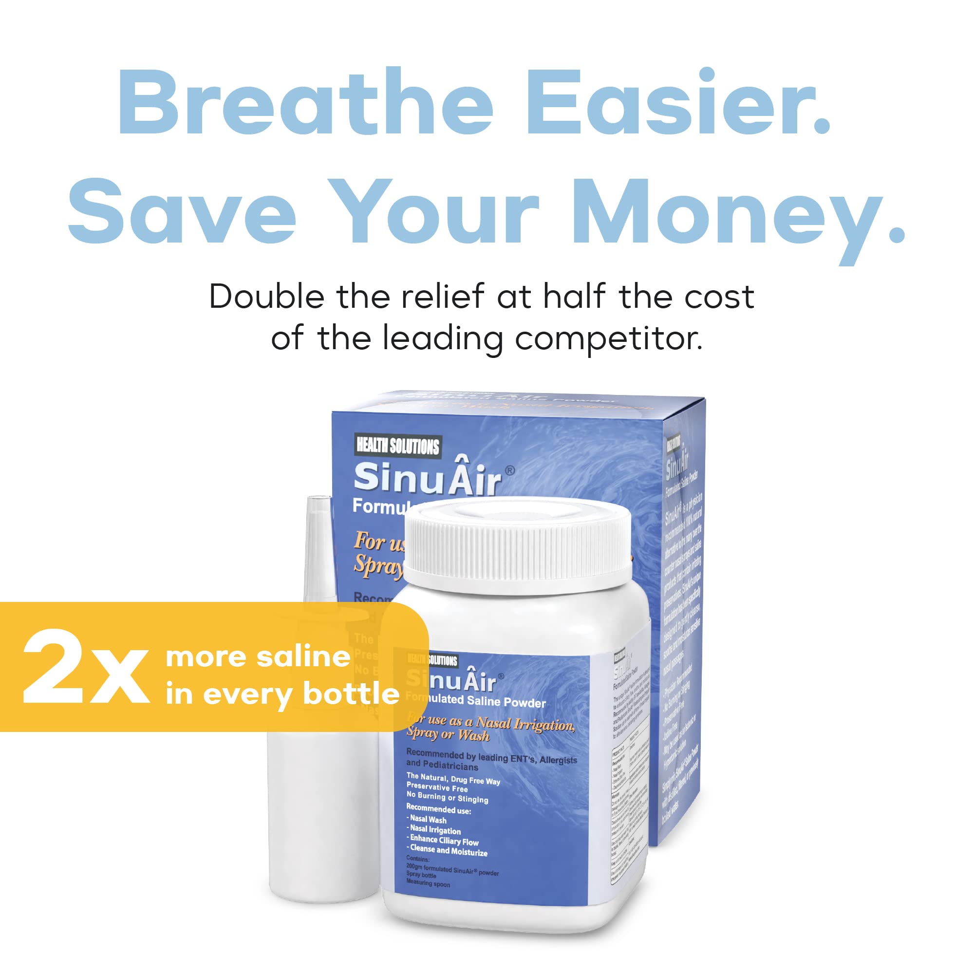 SinuAir Sinus Rinse Salt Solution - Saline Powder for SinuPulse System, Neti Pot Flush, Nasal Wash Squeeze Bottle, & Nose Irrigation, Enhanced Formulation & Cleaning for Sinuses, 200g Bottle
