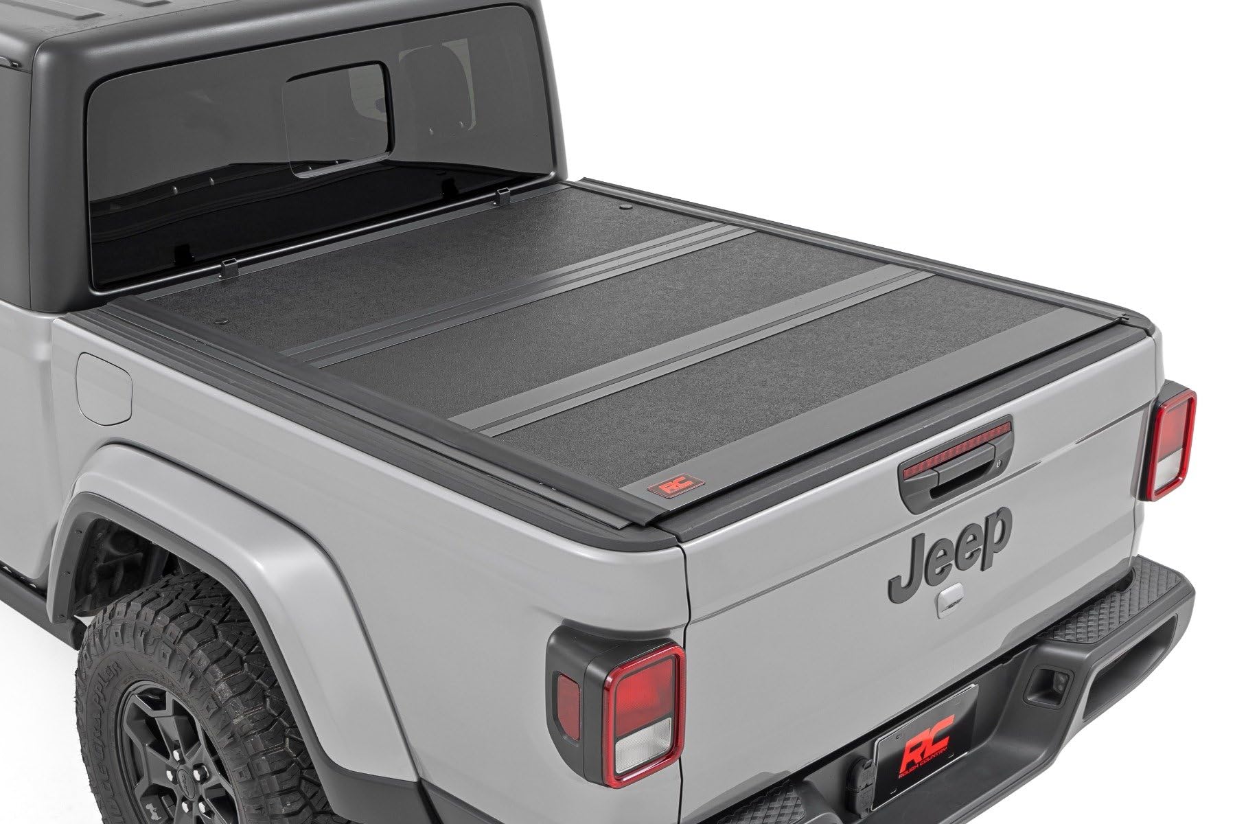 Photo 1 of Rough Country Hard Low-Profile Tri-Fold Tonneau Cover for Jeep Gladiator JT (2020-2025) - Low-Profile Aluminum Truck Bed Cover