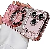 Changjia Magnetic Stand Glitter Case for iPhone 17 Pro Max, [Compatible with Magsafe] Luxury Bling Sparkly Rhinestones with Camera Protector& Kickstand Women Girls Case for iPhone 17 Pro Max 6.9",Pink