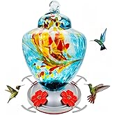 REZIPO Hummingbird Feeder with Perch - Hand Blown Glass - Blue - 38 Fluid Ounces Hummingbird Nectar Capacity Include Hanging Wires and Moat Hook