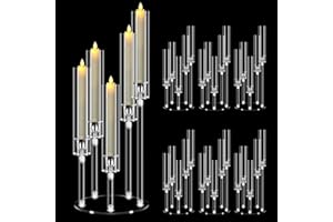 6 Set 5 Arm Acrylic Candle Holder, Mjkeomo 22'' Tall Candelabra Centerpieces for Tables, Candlesticks Holder with Lampshade for Housewarming Gift Fireplace Dinner Decor Fit 0.82'' LED Candle