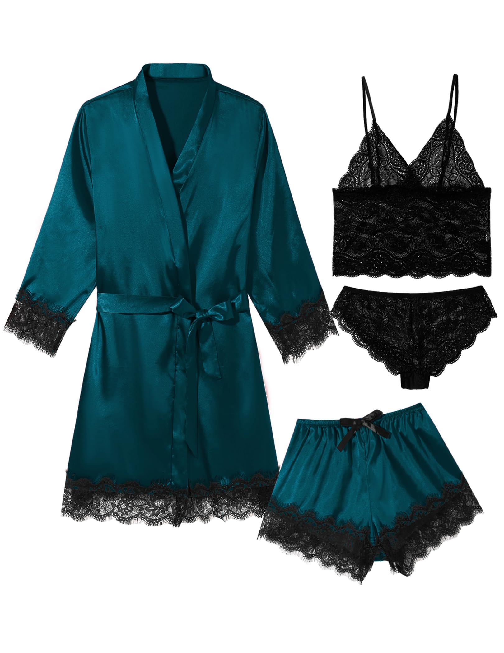 Photo 1 of QLVKYW Sexy Robe and Lingerie Set Lace Cami Short Pajamas Satin Loungewear 4 Pcs Silky Pj Set Dark Green