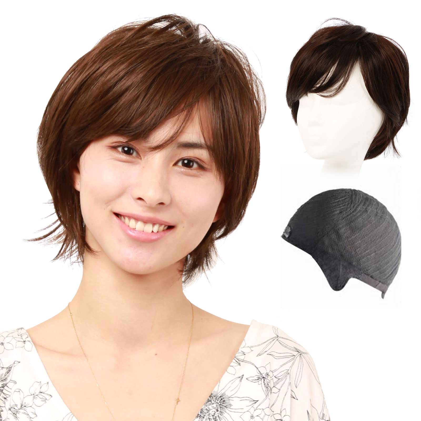 Photo 1 of igennki Heat Resistant Synthetic Hair Wig Short Fashion Fluffy Wig for Asian Young Women IUH30S20 (Human hair mixed+Medical base, N2 Natural Black)