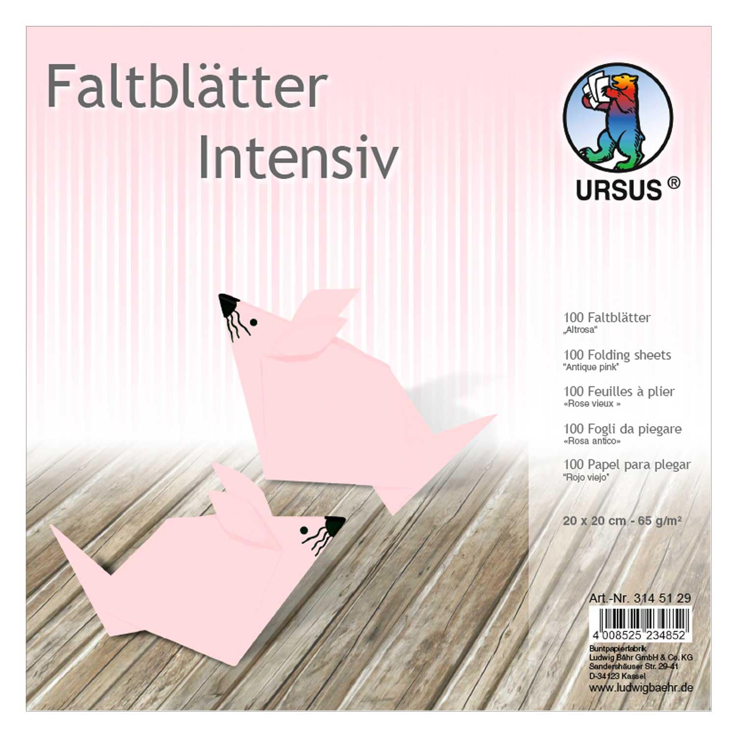 Ursus 3145129 Folding Sheets Plain 100 Sheets 65 g/m² 20 x 20 cm for Small and Large Origami Artists Coloured in Intense Colours Dusky Pink