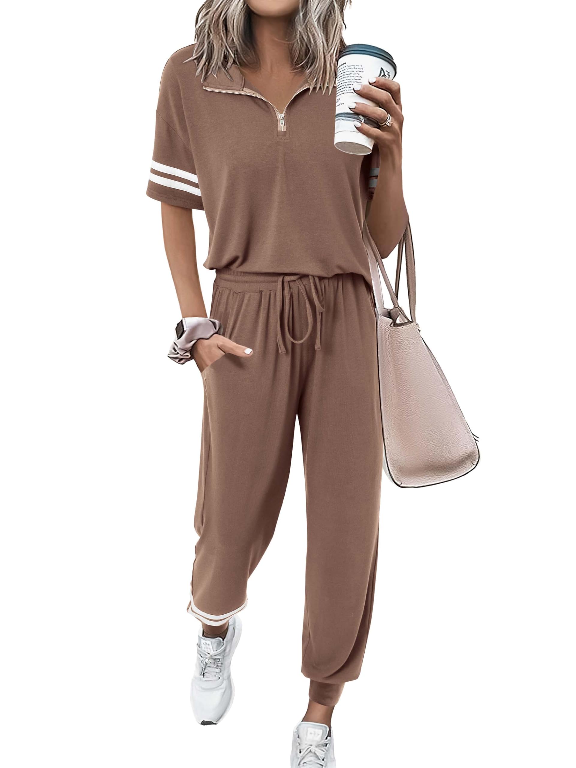 Photo 1 of ***POSSIBLY RUNS BIG****  MASCOMODA Womens Two Piece Outfits 2025 Summer Short Sleeve Quarter Zip Pullover Tops Jogger Pants Tracksuit Loungewear Set(Dark Khaki,Medium)