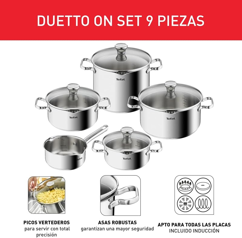 Tefal A705S9 Duetto Conjunto de 9 Peças | adequado para indução | Aço inoxidável robusto e de alta qualidade | Amigo do Ambiente | Capa do filtro | cofre para forno até 260 °C