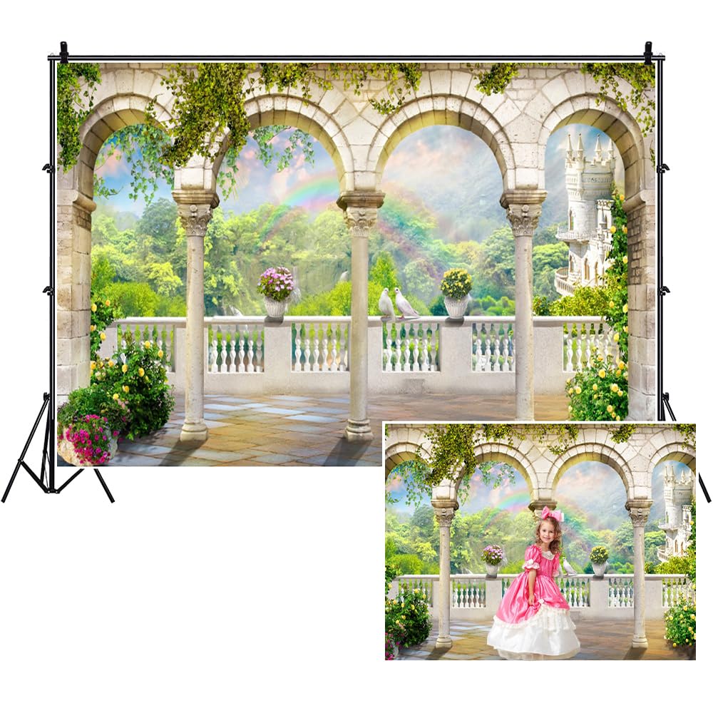 SDOTPMT 10x8ft Romantic Secret Garden Polyester Backdrop Arched Door Wedding Bridal Shower Engaged Theme Party Photography Backdrop Blue Sky Kids Lover Adult Wedding Photo Studio Props