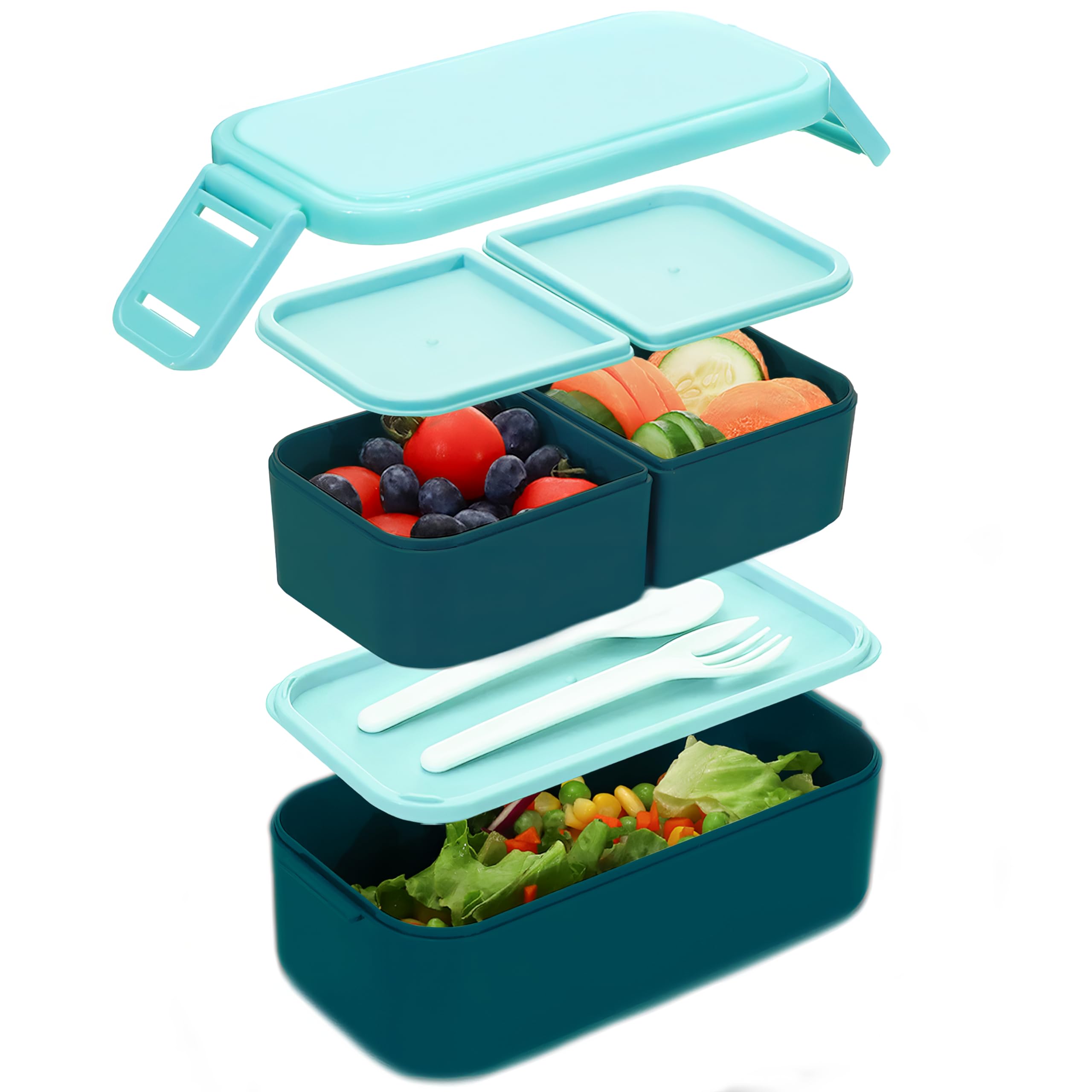 Bugucat Bento Lunch Box 1300ML,2 in 1 Stackable Lunch Box Bento Boxes,2 Layer 3 Compartments Leak Proof Lunchbox for Adults Kids,Snack Box Lunch Box with Compartments for School Office Camping Blue