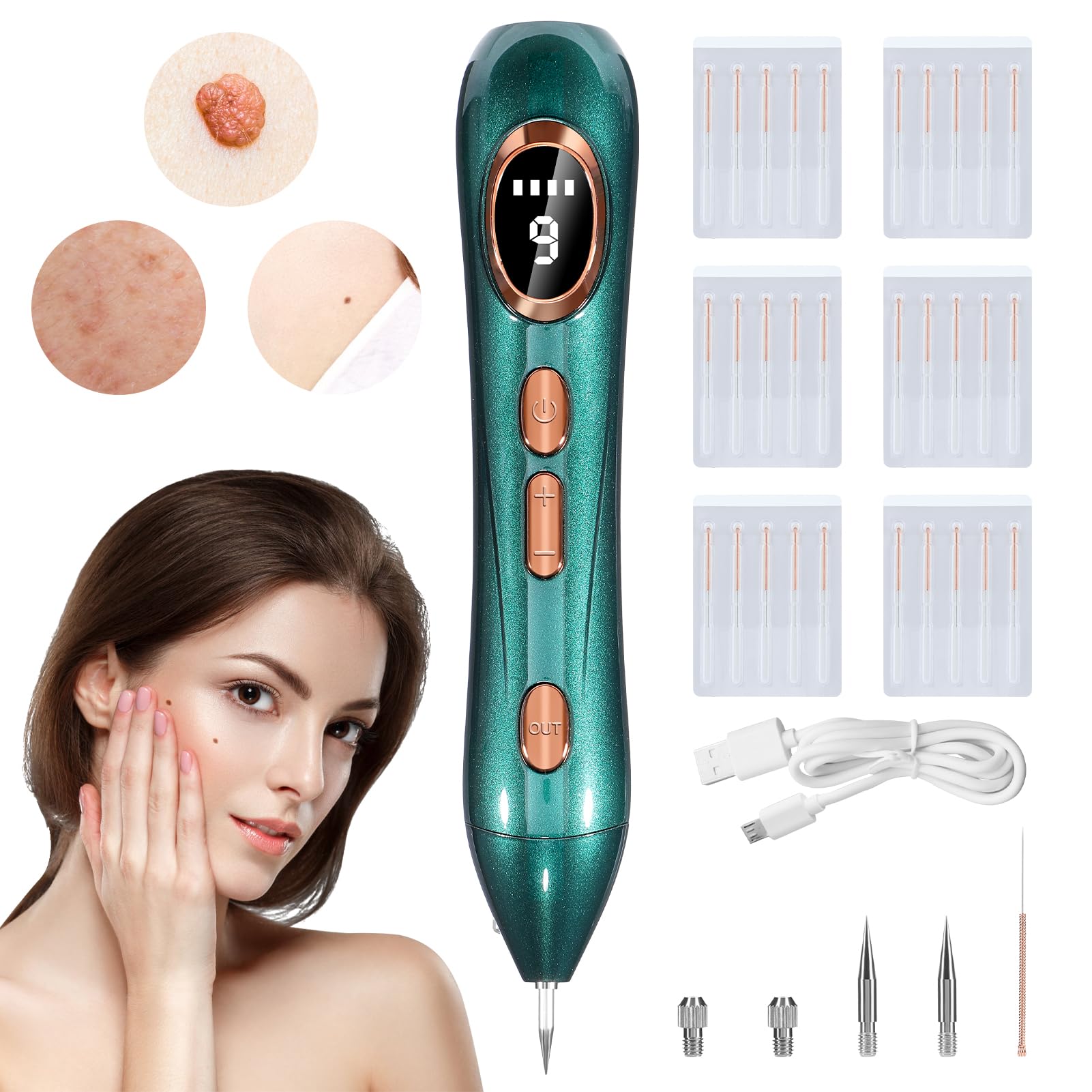 Augot Skin Tags Removal Pen, Professional Mole Remover Pen kit Portable USB Rechargeable Skin Tag Removal Pen with 9 Modes LCD Display Replaceable Needles for Wart Freckle (Dark Green)