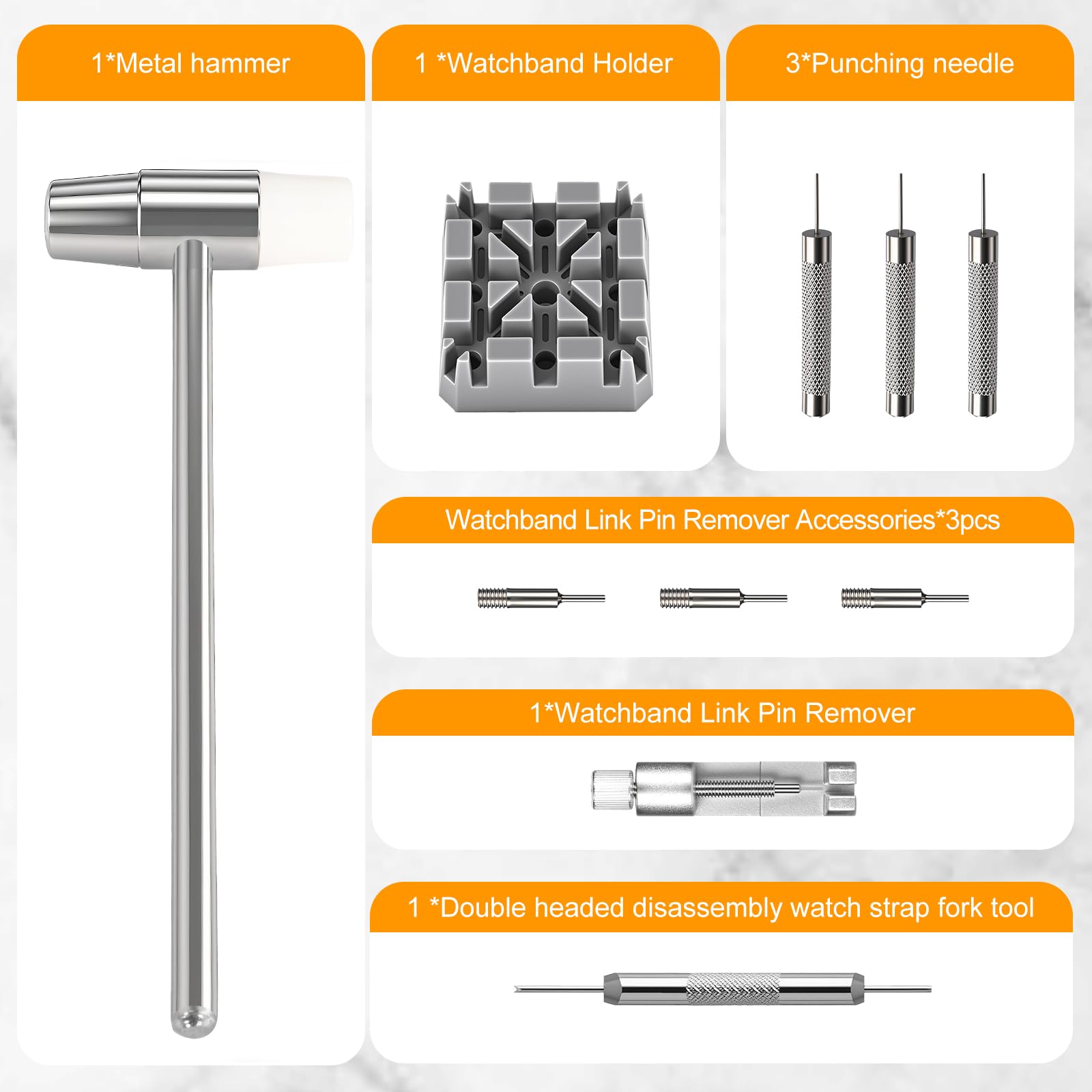 Watch Link Removal Kit, All Metal Watch Strap Link Removal, Sizing Kit with Pin Punches, Extra Pins, Hammer for Watch Band Strap Adjustment
