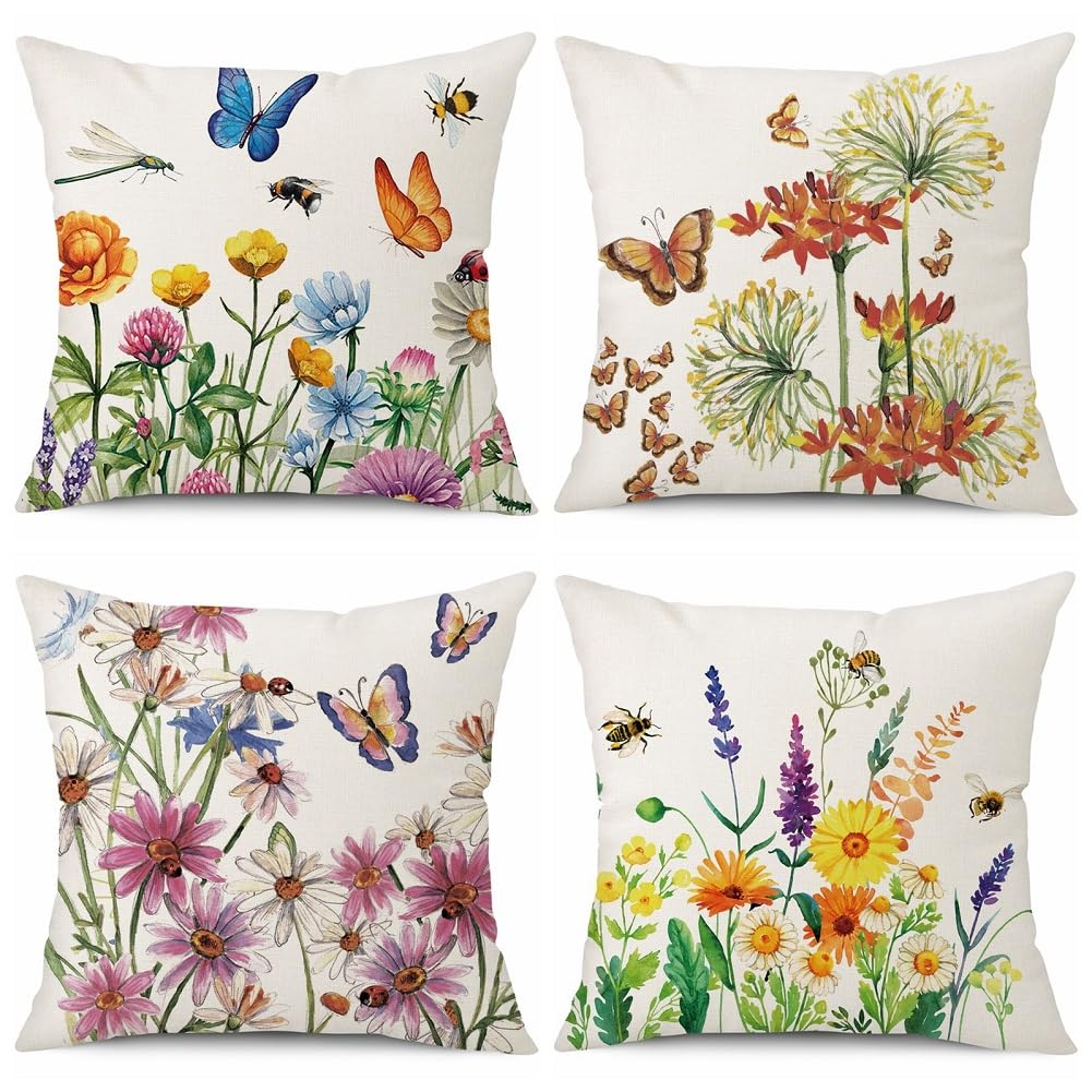 BCKAKQA Cushion Covers 45cm x 45cm Set of 4 Colourful Flower and Butterfly Decorative Throw Pillow Covers 18x18 inches Linen Square Throw Pillow Cases for Living Room Sofa Couch Bed Pillowcases — image 1