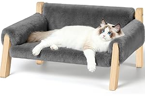 FAMIDGE Elevated Cat Couch Bed for Indoor Cats - Wooden Pet Sofa with Removable Washable Thick Cover Raised Kitty Lounge Chai