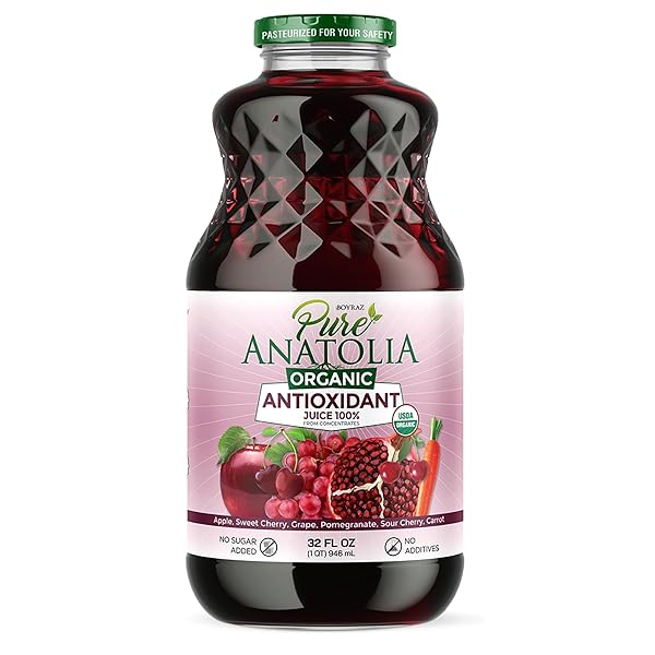PURE ANATOLIA ORGANIC ANTIOXIDANT DETOX JUICE 32 FL OZ – BLEND OF APPLE, SWEET CHERRY, GRAPE, CARROT, TART CHERRY AND POMEGRANATE – IMMUNE BOOSTING GLASS BOTTLE (PACK OF 1)