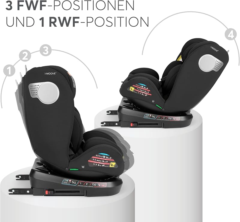 KikkaBoo Kindersitz 9-36 kg mit ISOFIX & 360° Drehung i-MOOVE 2, i-SIZE, 40-150 cm Reboarder, Rückwärts/Vorwärtsgerichtet, Verstellbare Kopfstütze, Liegefunktion, Schwarz
