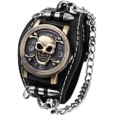 JewelryWe Wide Leather Cuff Watch: Men Women Rock Collection Punk Skull Wristwatch Cuff Band