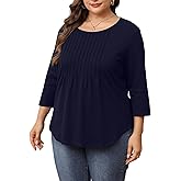 KLPOHV Womens Plus Size 3/4 Length Sleeve Tops Crewneck Pleated Loose Fit Casual Tunic Top Swing Shirts Blouses 1X-5X
