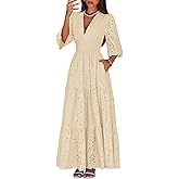 Lazysmile Long Sleeve Dresses for Women V Neck Hollow Out Eyelet Ruffle Swing A-Line Fall Vacation Boho Maxi Dress