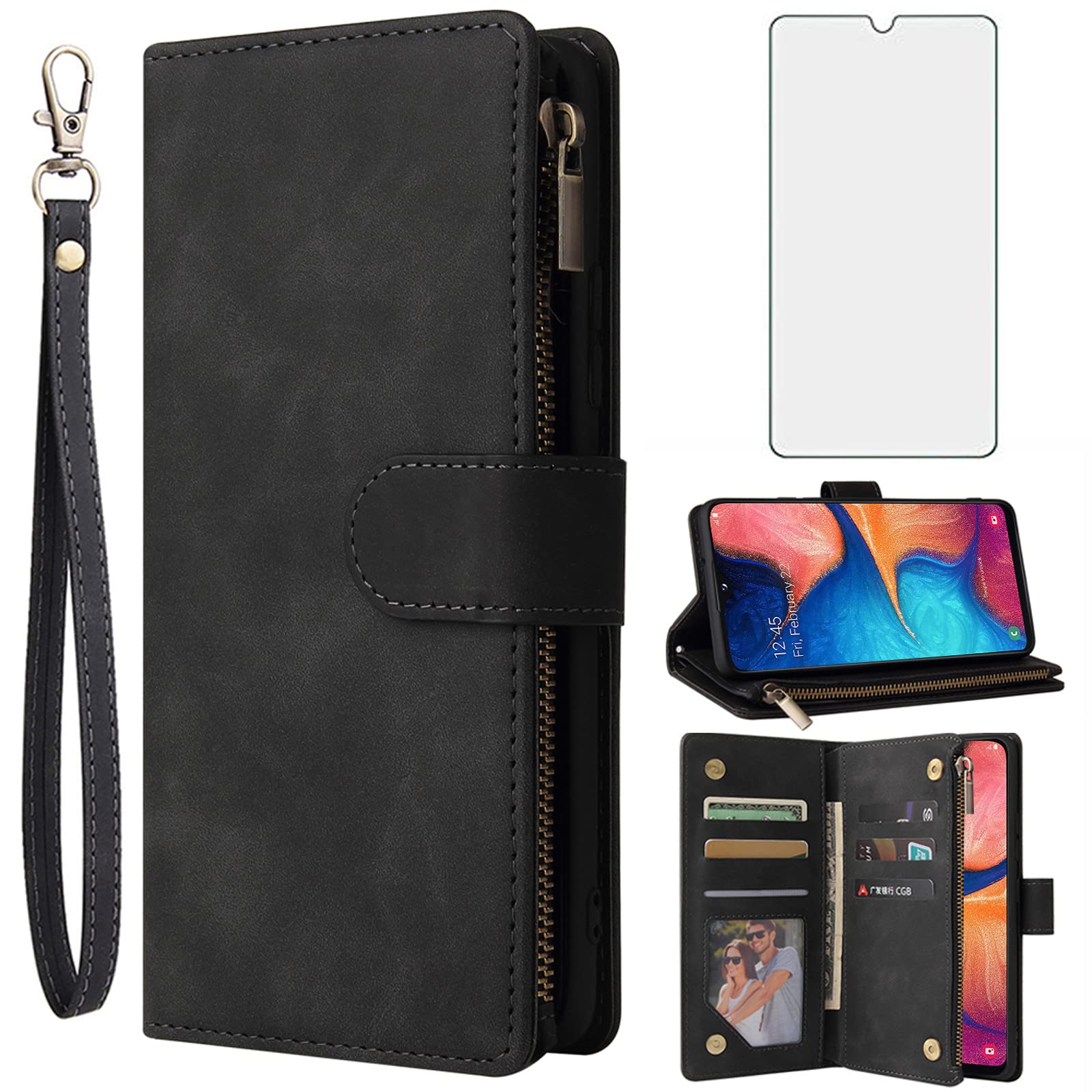 Asuwish Compatible with Samsung Galaxy A20e Wallet Case Tempered Glass Screen Protector and Leather Flip Cover Card Holder Cell Accessories Phone Cases for Glaxay A 20e Gaxaly 20ae Women Men Black — image 1