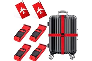 Tounto 4 Pack Luggage Straps - Adjustable Suitcase Belts 46"-78.8", Heavy Duty Travel Packing Straps with 2 Luggage Tags with Name ID Card, Quick-Release Buckle (Red)