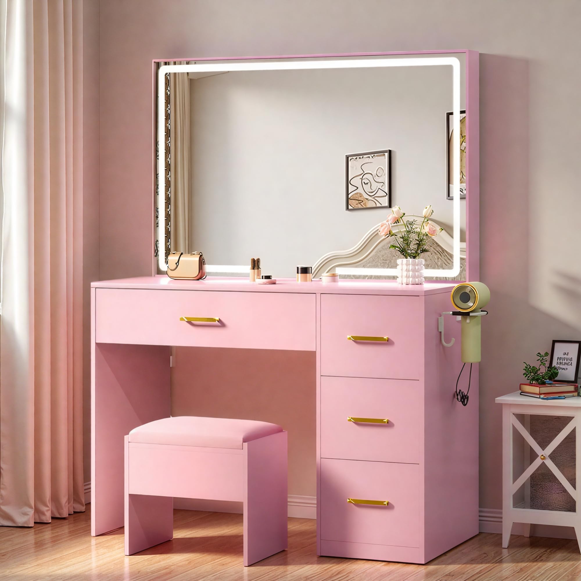 Photo 1 of ***BLACK*** YITAHOME Makeup Vanity Desk with LED Lights: 35" Large Mirror with Power Outlets, 4 Drawers & Stool, Adjustable Lighting Dressing Table for Women Pink