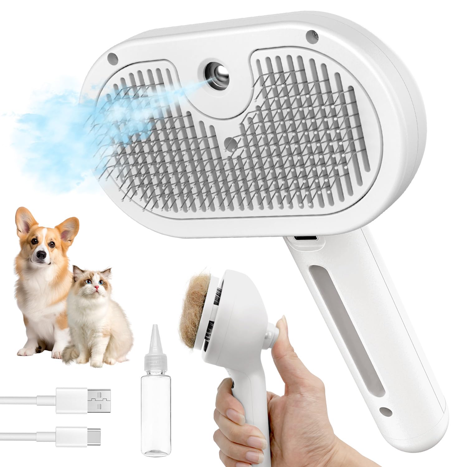 Photo 1 of Herokitty 3 In 1 Self Cleaning Steamy Pet Brush - Anti-Static, Grooming Tool for Long and Short Hair Pets, Removes Loose Hair and Reduces Shedding, White