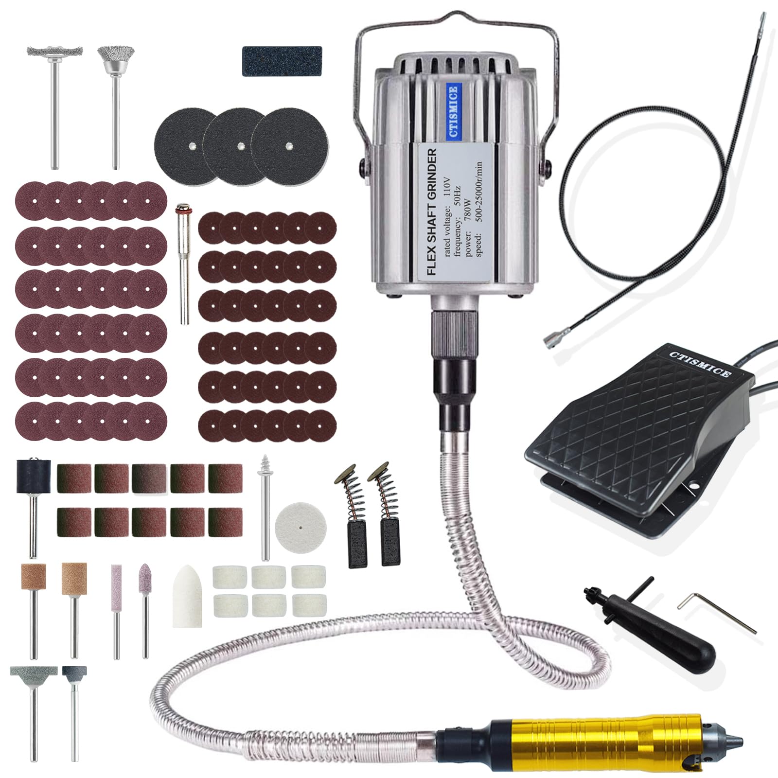 Photo 1 of CTISMICE 780W Flex Shaft Rotary Tool, 500-25000RPM Flexible Shaft Grinder Kits with Variable Speed Foot Pedal and 110pcs Accessories for Grinding Polishing Sanding Deburring Cutting Buffing Finishing