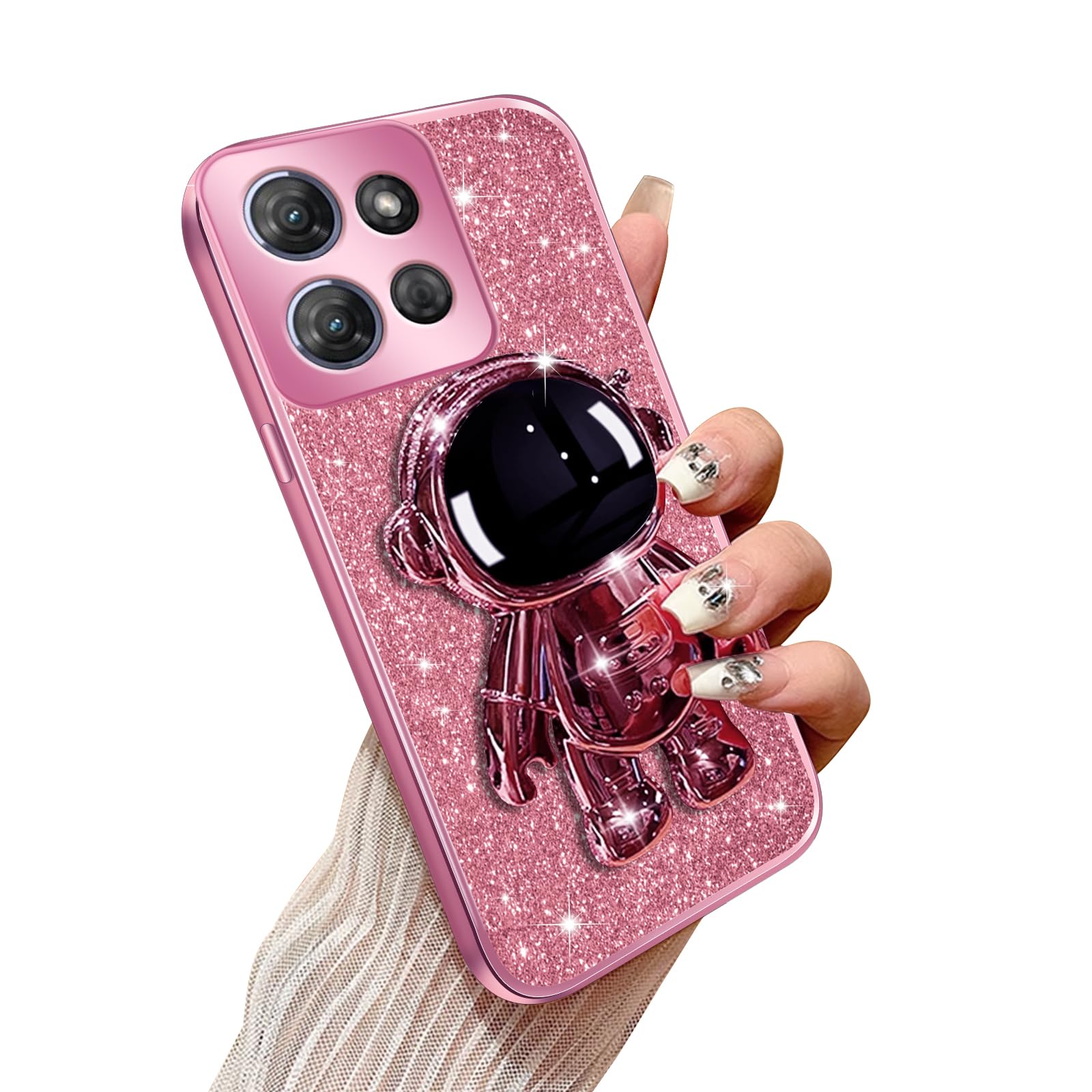Annyojo Phone Case for Motorola Moto G 5G 2025/2026 with Astronaut Kickstand & Lanyard Soft TPU Bling Shockproof Protection Cover for Motorola G 5G 2025/2026 Case, Rose Gold