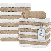 DAN RIVER 100% Cotton Washcloths 20 Pack Premium Quality Face and Body Cloth, Quick Dry Essential Towels for Bathroom, Hand, Kitchen & Cleaning, Baby Washcloths | 11X11 in | 400 GSM | Tan + White