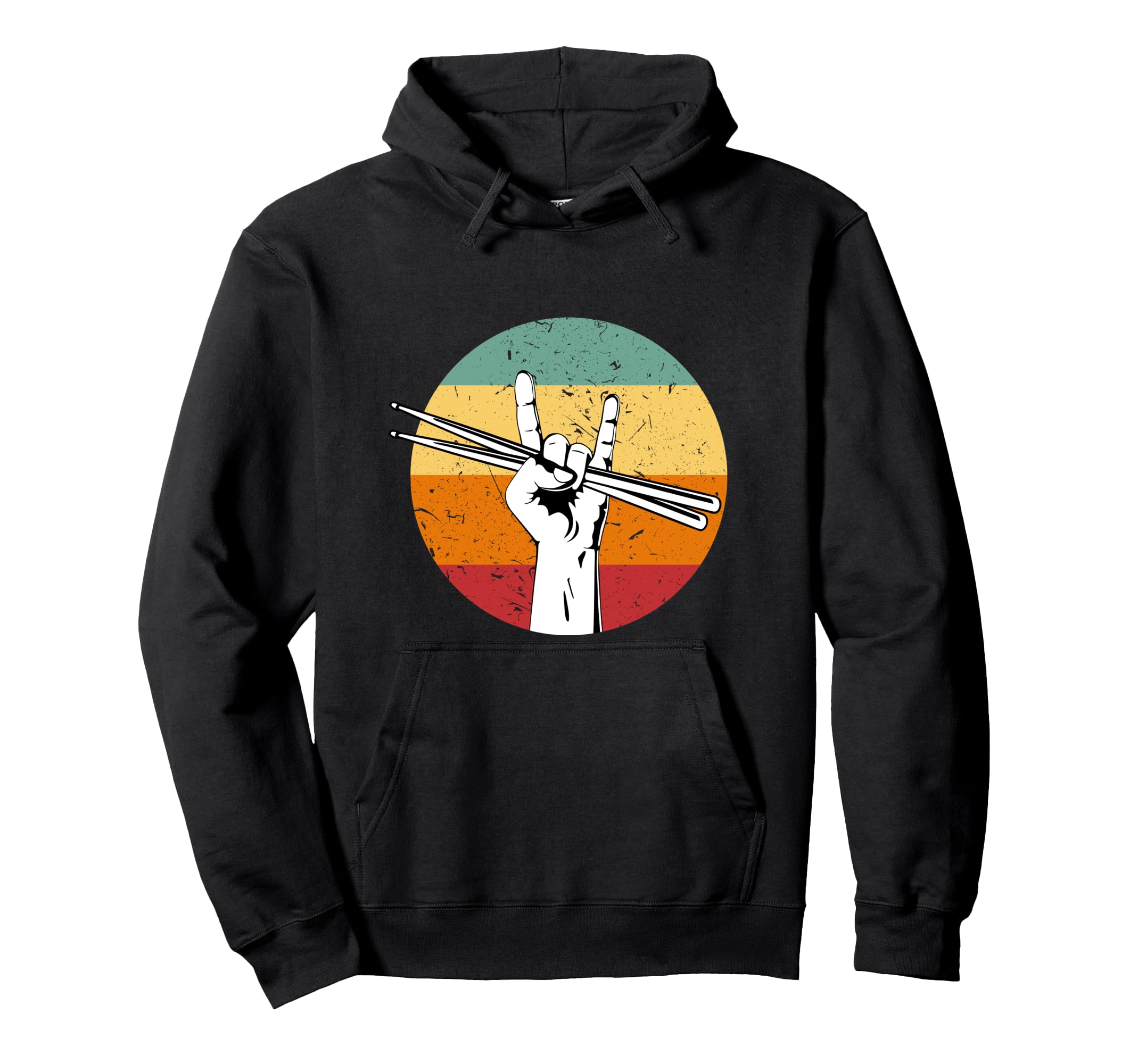 Rock Hand Sign Retro Drumsticks Drum Player Music Pullover Hoodie