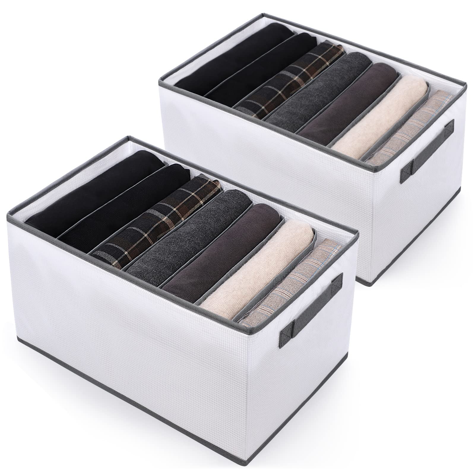 sprecenk Wardrobe Clothes Storage Organiser, Large 7 Grids Closet Drawer Organisers Dividers, 2PCS Foldable Jeans Storage Organiser Box for Pants, Jumpers, Jeans, T-shirts, Grey