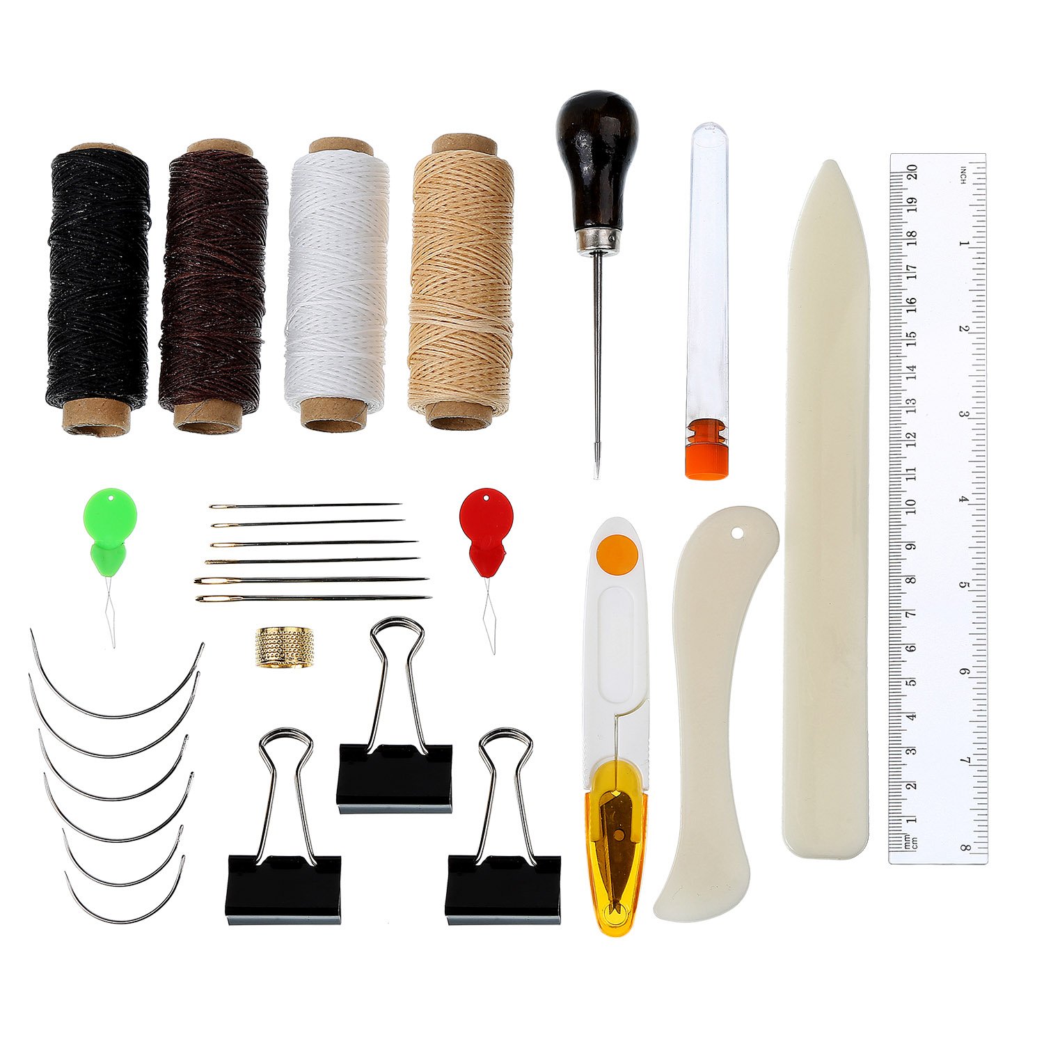 28 Pieces Set of Binding Tools Needles Curved Big Eyes Thimble Ring Waxed Needle Thread Sewing Scissors Bone Folder Creaser Paper Handle Binder Clips Awl Ruler