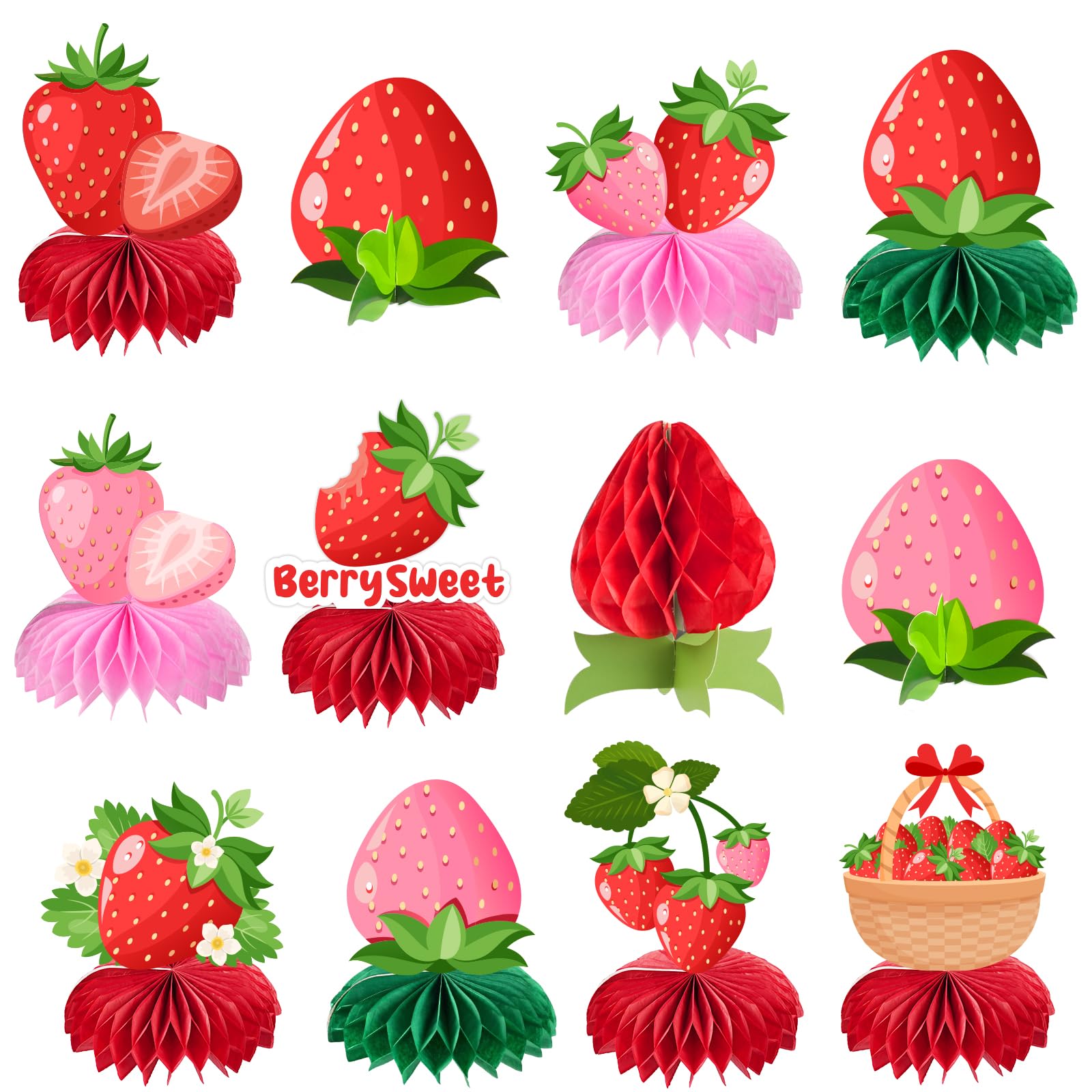 Photo 1 of Sweet Strawberry Party Decorations, 12 Pcs Red Pink Strawberry Honeycomb Centerpieces Decor Table Topper for Spring Summer Strawberries Theme Party Birthday Baby Shower Decorations Supplies