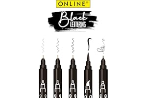 Online Black Lettering Set | 5 black fineliner pens | made in Austria | assorted point sizes includes brush pen, fine liner tips, and calligraphy tip | ink pens for bullet journal, writing, drawing