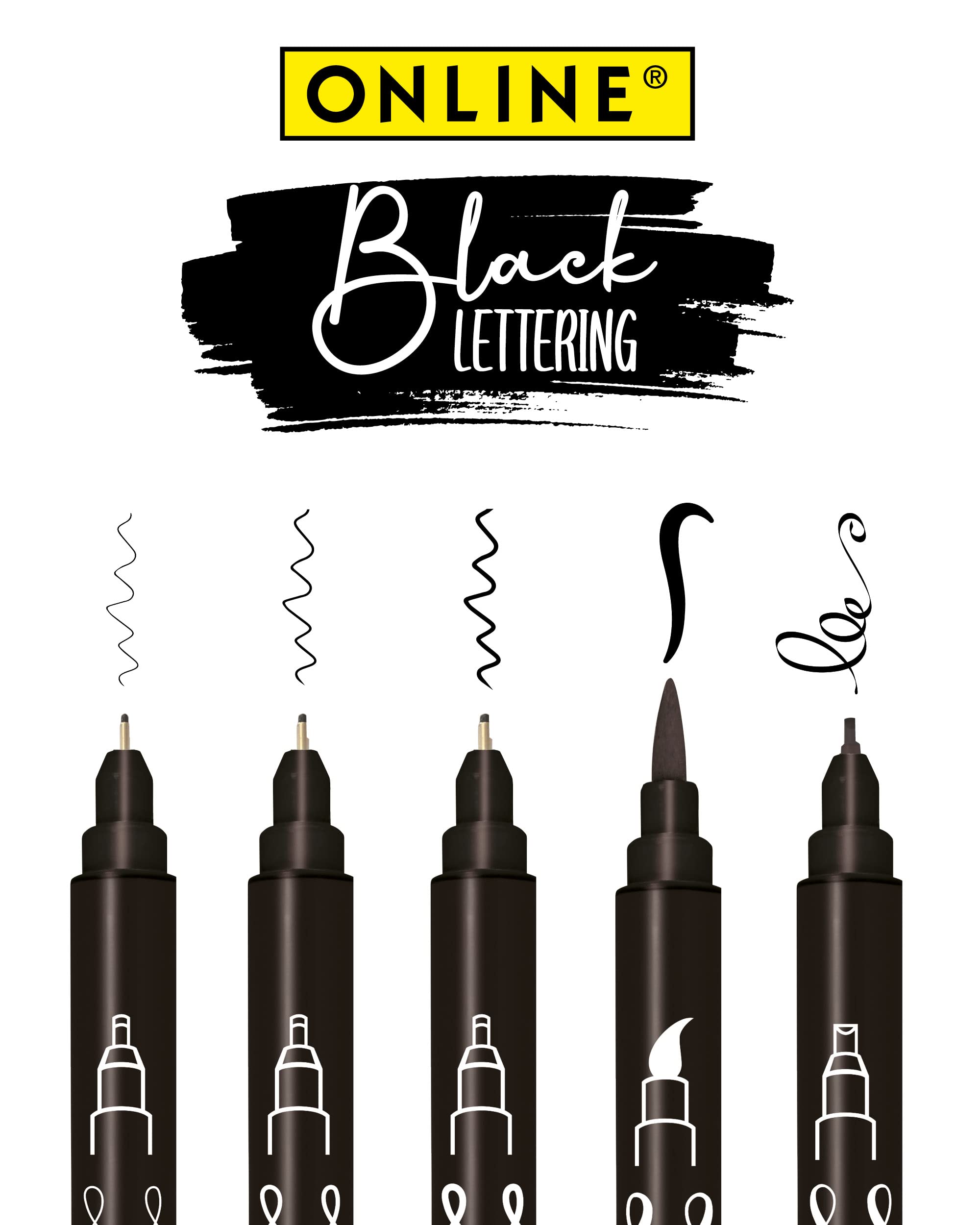 Online Black Handlettering Set | 5 black calligraphy pens | includes brush pen, fine liner tips, and calligraphy tip | ink pens for bullet journal, sketchnotes, school notes & DIY gifts