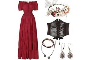 HSDOU 5 Pcs Renaissance Medieval Costume Dress Women Fairy Dress Peasant Cottagecore Dress 1700s Victorian Fairy Costume