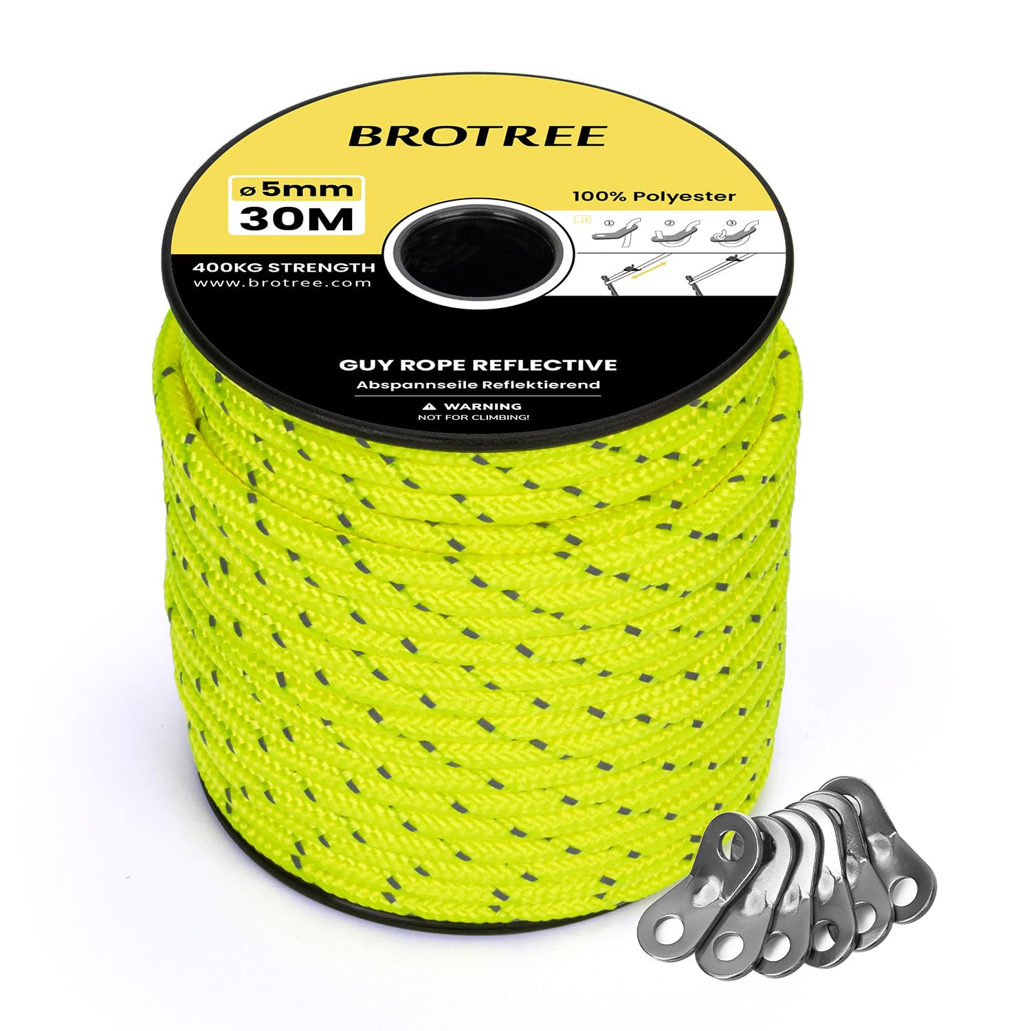 BROTREE Tent Guy Rope 5mm 30m Reflective Guy Line Heavy Duty Guide Rope with 6Pcs Aluminum Tensioners for Tent Gazebo Awning Camping (Neon Yellow)