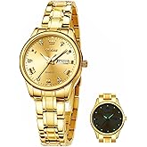 OLEVS Gold Watch for Women with Date Day Stainless Steel Waterproof Small Face Quartz Analog Ladies Watches Fashion Gold Black White Dial Female Wristwatch