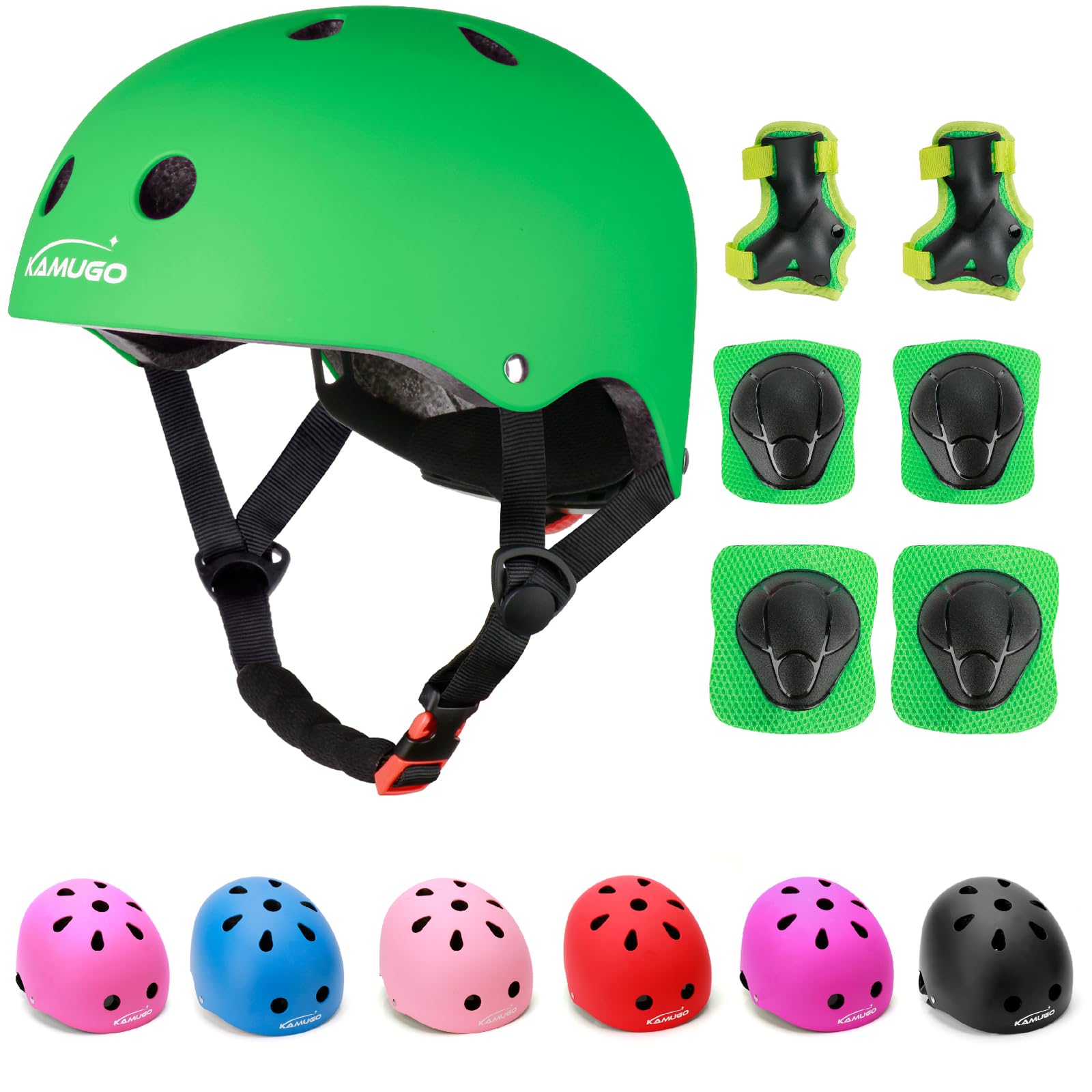 Photo 1 of KAMUGO Kids Adjustable Helmet, with Sports Protective Gear Set Knee Elbow Wrist Pads for Toddler Age 3-8 Boys Girls, Bike Skateboard Hoverboard Scooter Rollerblading Helmet Set (Green)