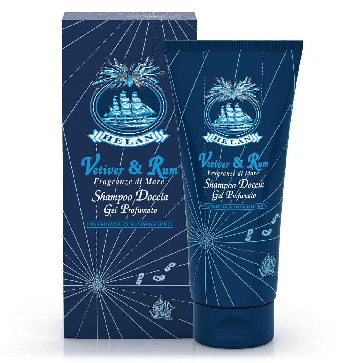 Helan, Vetiver & Rum, Shampoo and Bubble Bath, Perfumed Shower Gel - Body and Hair Bath Foam with Sweet Almonds - Gentle and Natural Shower Shampoo for Frequent Use 200 ml Made in Italy