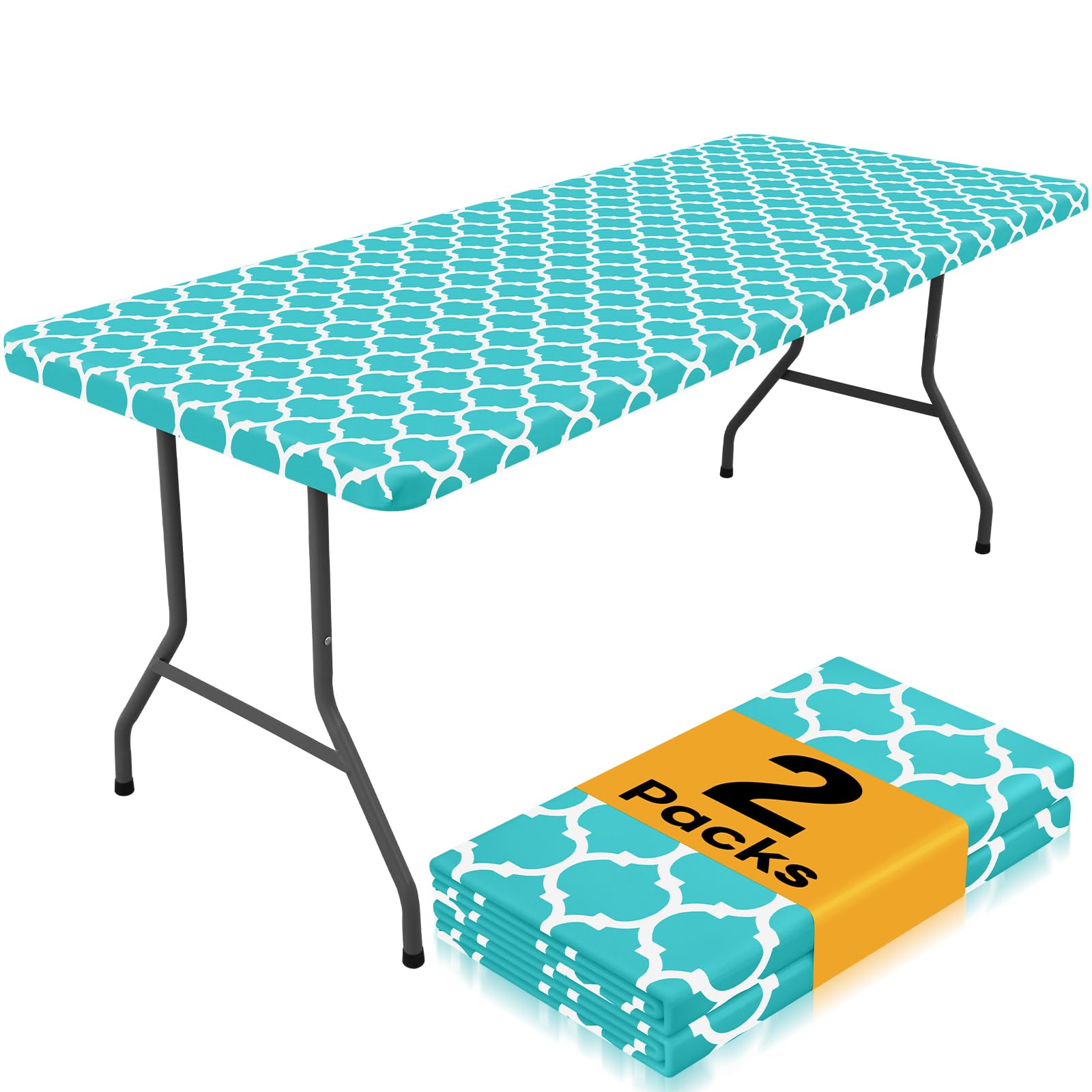 Photo 1 of Smiry 2 Pack Rectangle Table Cloth 4 Foot, Waterproof Elastic Fitted Tablecloths, Windproof Washable Polyester Table Cover for Picnic, Camping, Outdoor (Aqua, 30"x48")