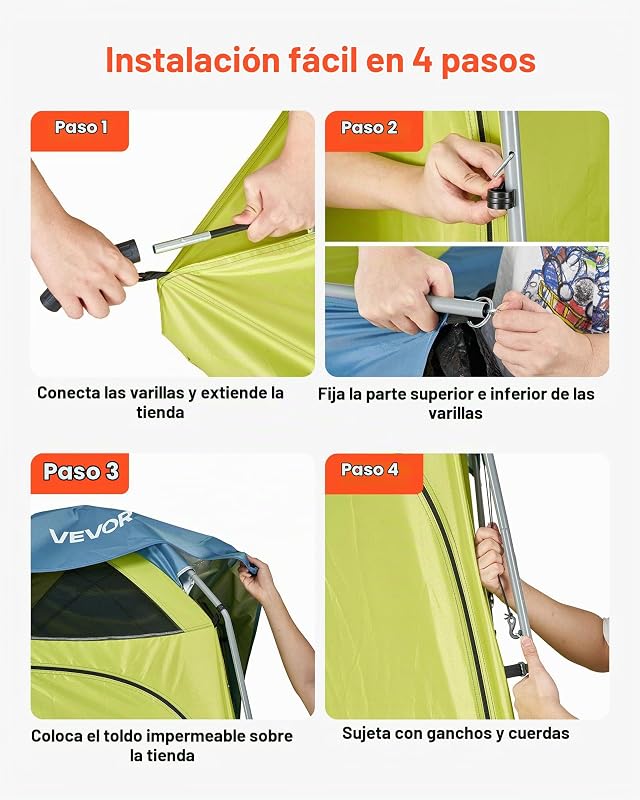 Tienda de Campaña de 1 Habitación, con Ducha y Baño, Piquetas, Cuerdas, Bolsa de Transporte y Poste de Acero, Tela Oxford 200D, para Camping, Playa y Pesca, Verde, 1397 x 1397 x 2184 mm