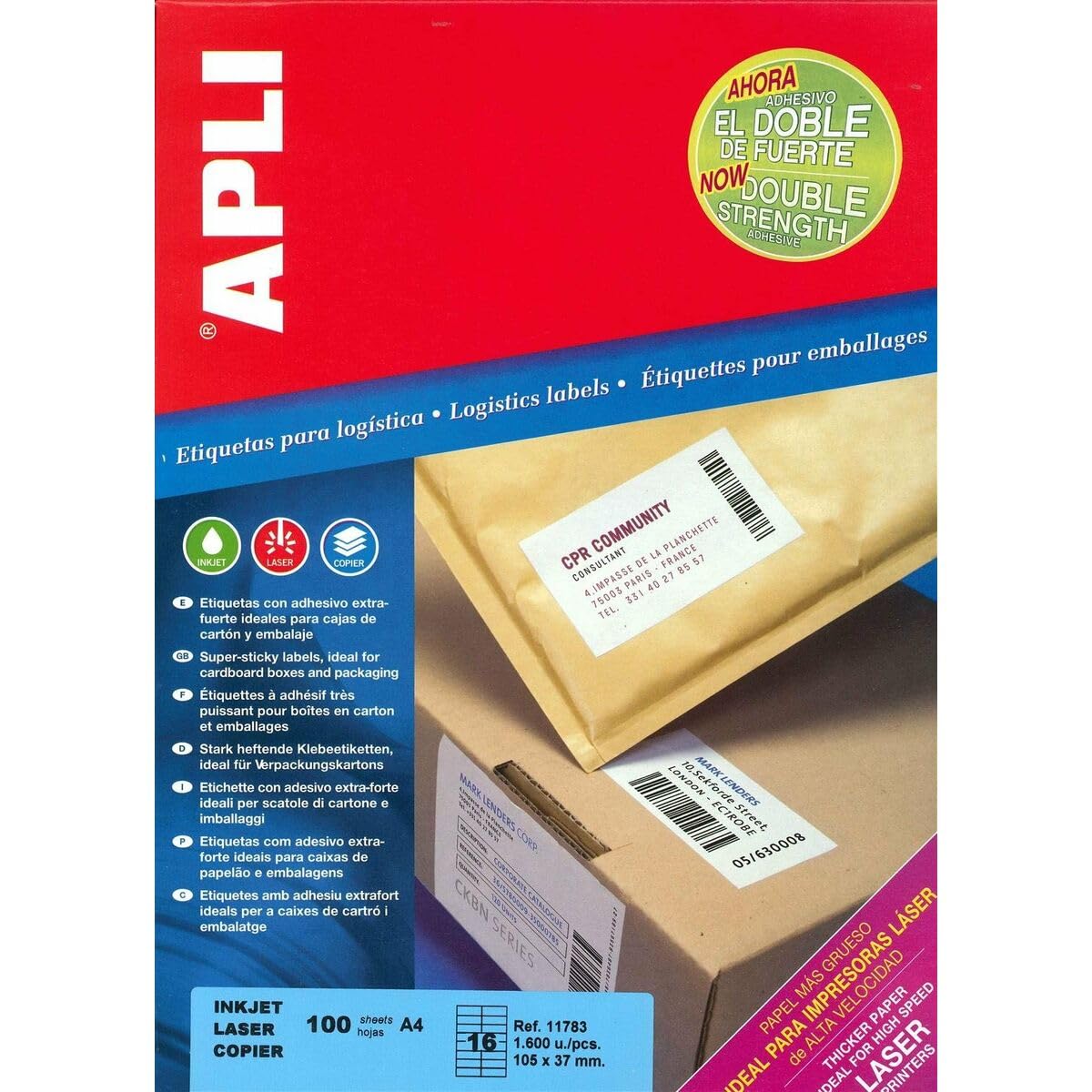 APLI 11783 – Extra Strong Ahesive Labels Pack of 100 Sheets, Suitable for Inkjet Printer, Laser and Photocopier. Extra 105 mm x 37 mm