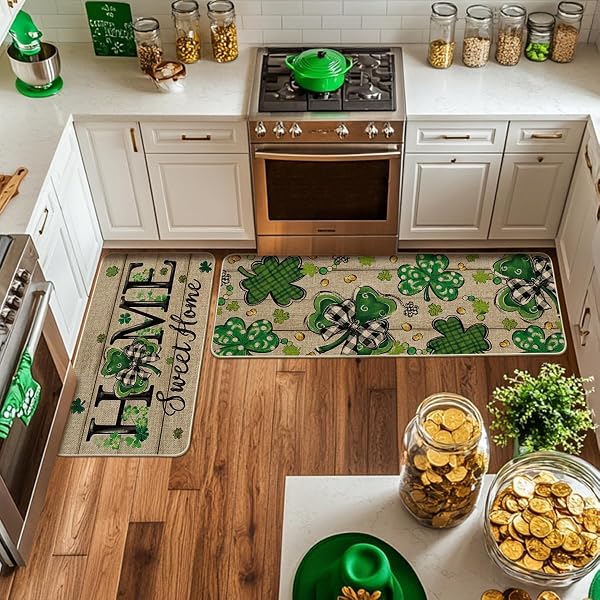 ARTOID MODE WOOD SHAMROCK SWEET HOME ST. PATRICK’S DAY KITCHEN MATS SET OF 2, HOME DECOR LOW-PROFILE KITCHEN RUGS FOR FLOOR – 17X29 AND 17X47 INCH