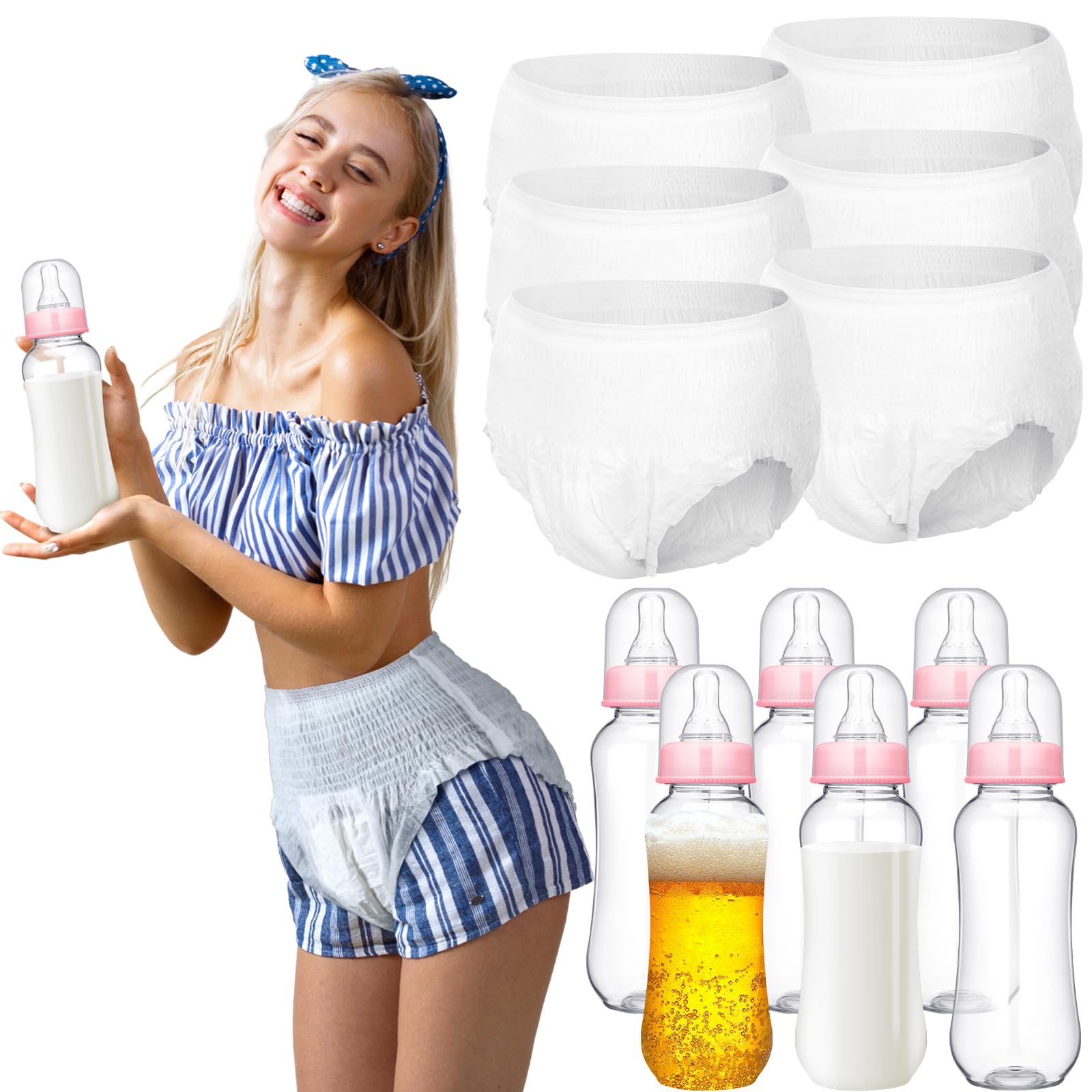 Photo 1 of Hushee 6 Sets Funny Plastic Bottle Chug Baby Shower Games Diaper Baby Shower Game Gender Reveal Race Gifts Decoration for Adults Boys Girls (Pink)