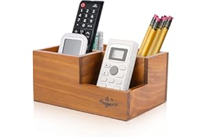 Flexzion Rustic Wooden Pencil Holder for Office - 3 Slots - Desk and Table Storage Organizer - Multifunctional Remote Control