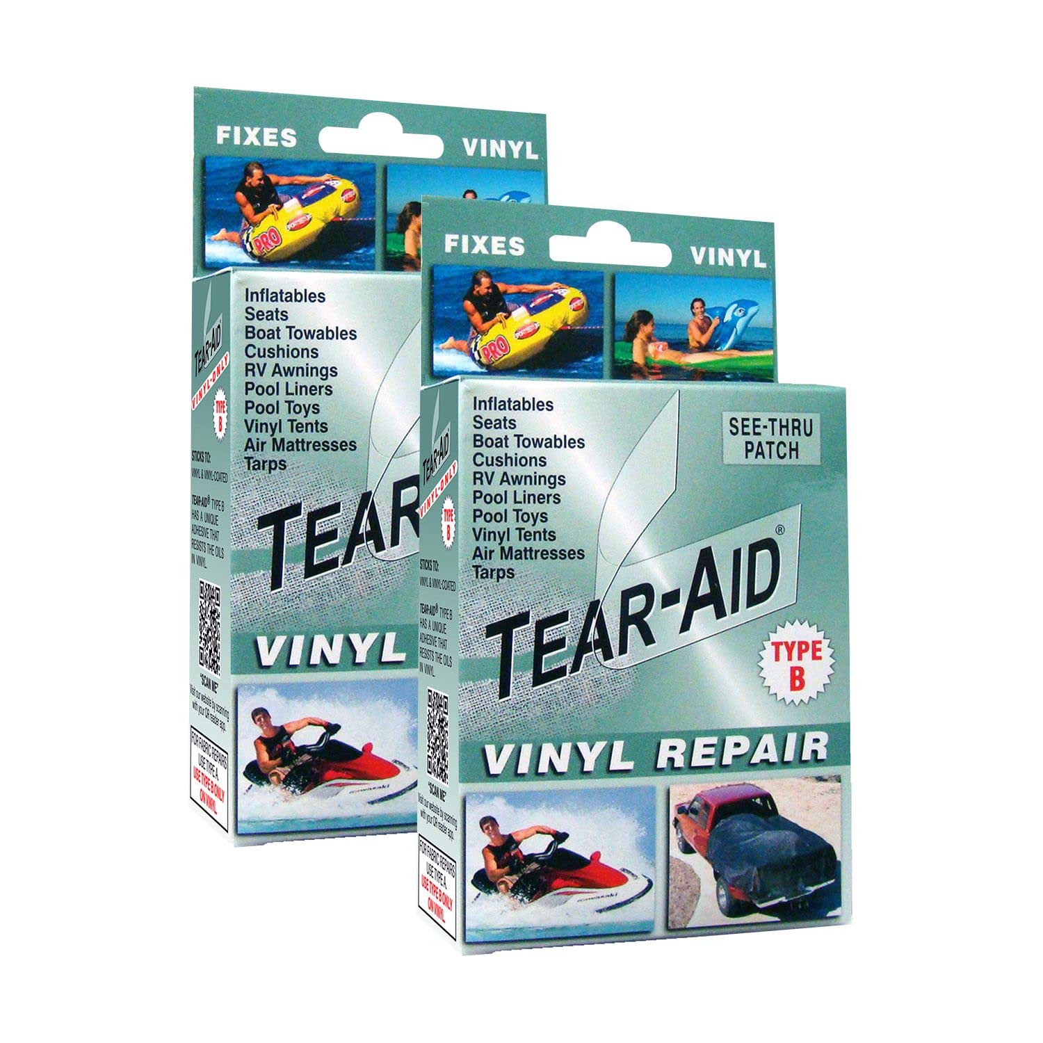 Photo 1 of TEAR-AID Vinyl Repair Kit, Type B Clear Patch for Vinyl and Vinyl-Coated Materials, Works on Vinyl Tents, Awnings, Air Matresses, Pool Liners & More, Green Box, 2 Pack