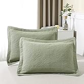WINLIFE 100% Cotton Quilted Pillow Sham Floral Printed Pillow Cover King Size, Set of 2, Green